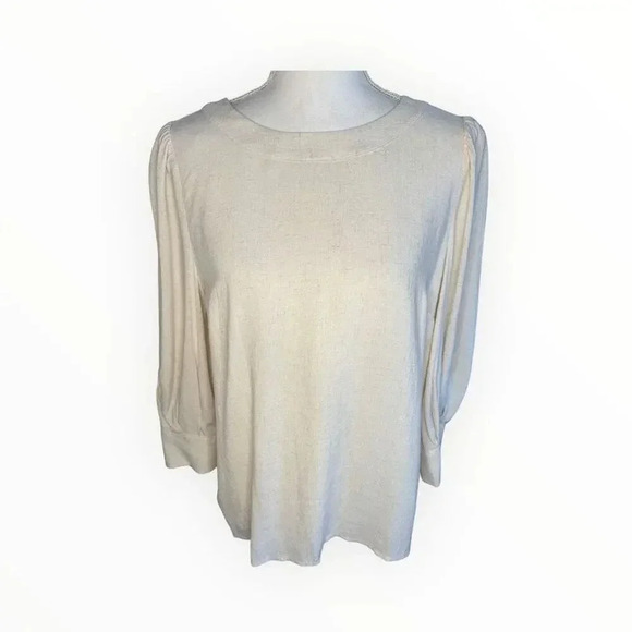 NEW Worthington Women’s Small Tan Linen Blend Balloon Sleeve Crewneck Top NWT - Picture 1 of 7